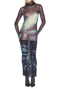 Robe longue imprimée en tulle - Navy & Lightblue
