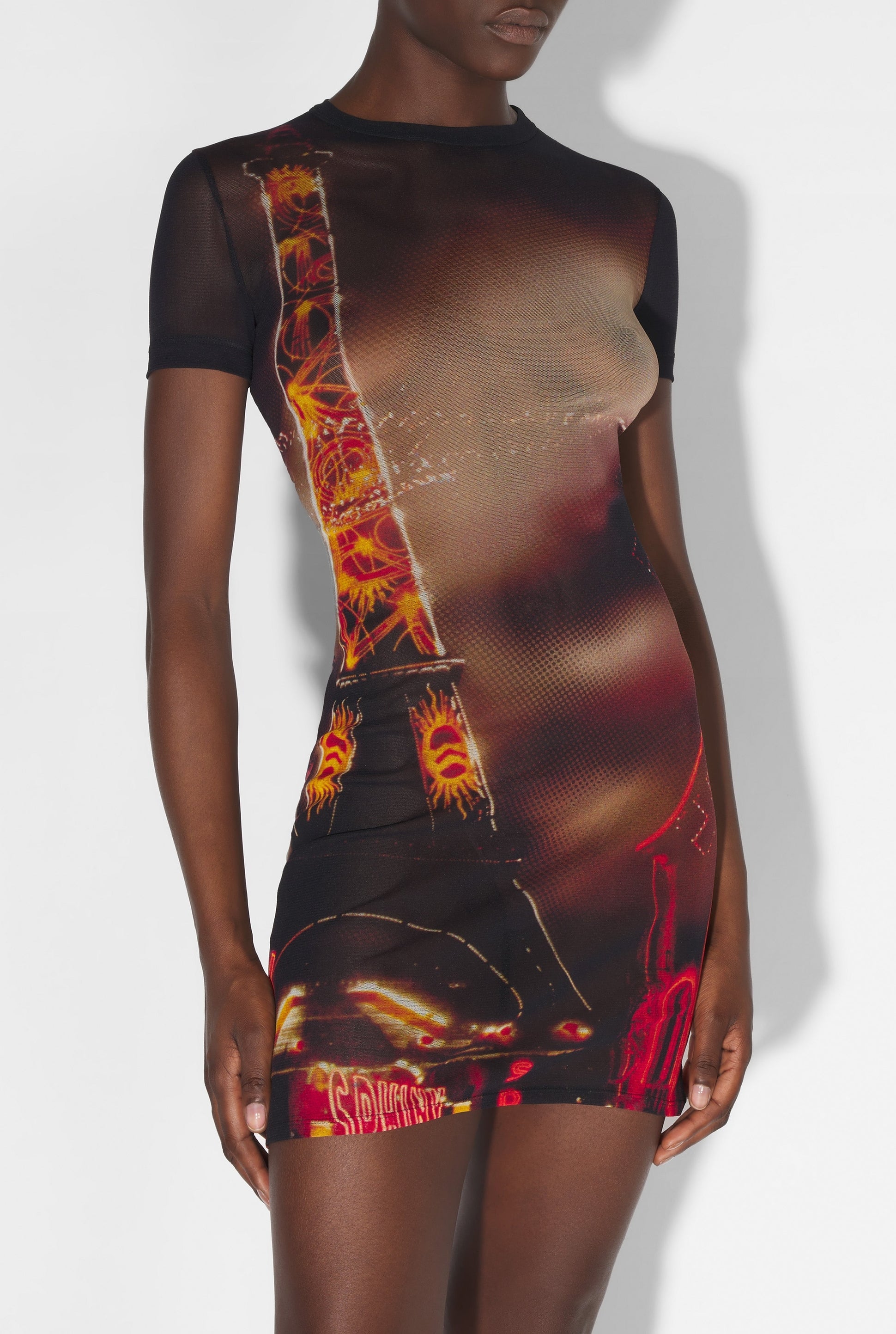 Robe courte imprimée en tulle - Black & Red & Orange