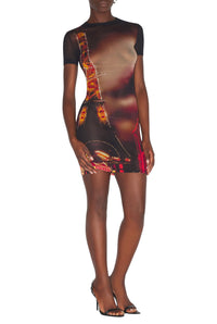 Robe courte imprimée en tulle - Black & Red & Orange