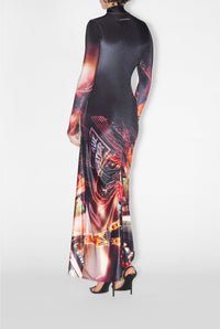 Robe longue imprimée en velours - Black & Red & Orange