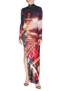 Robe longue imprimée en velours - Black & Red & Orange