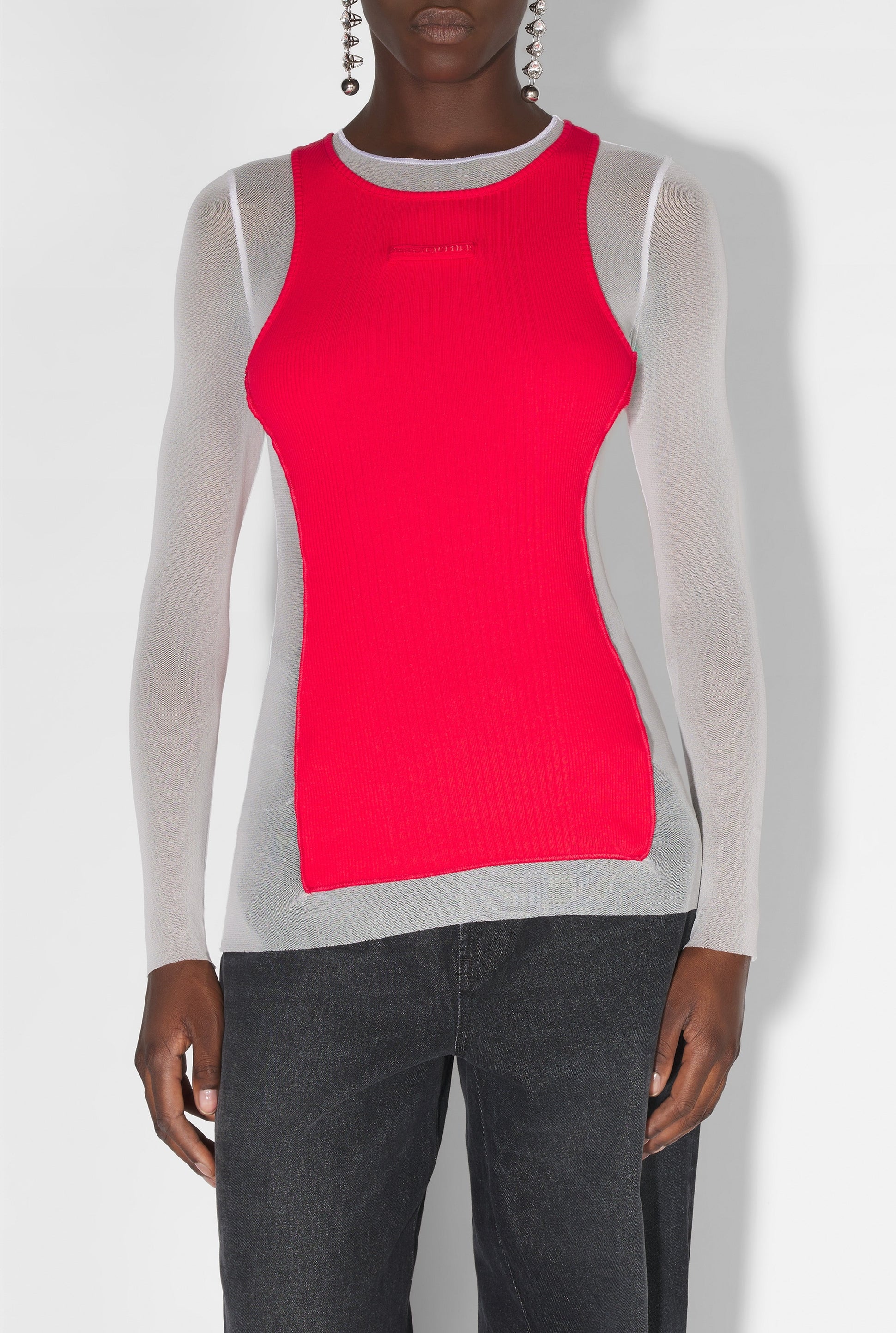Top à manches longues en tulle - White & Red