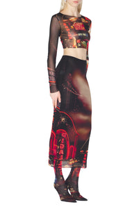 Top court imprimé en tulle - Black & Red & Orange