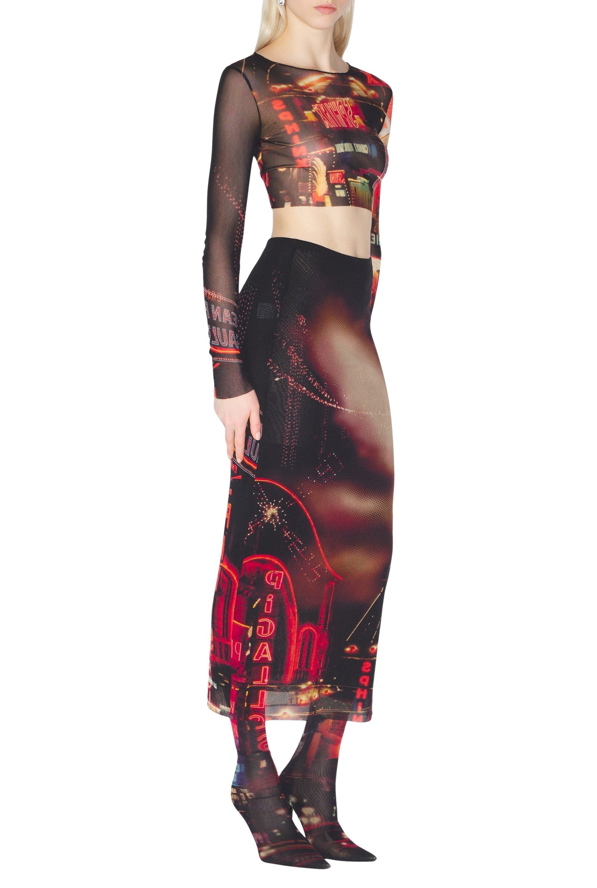 Top court imprimé en tulle - Black & Red & Orange