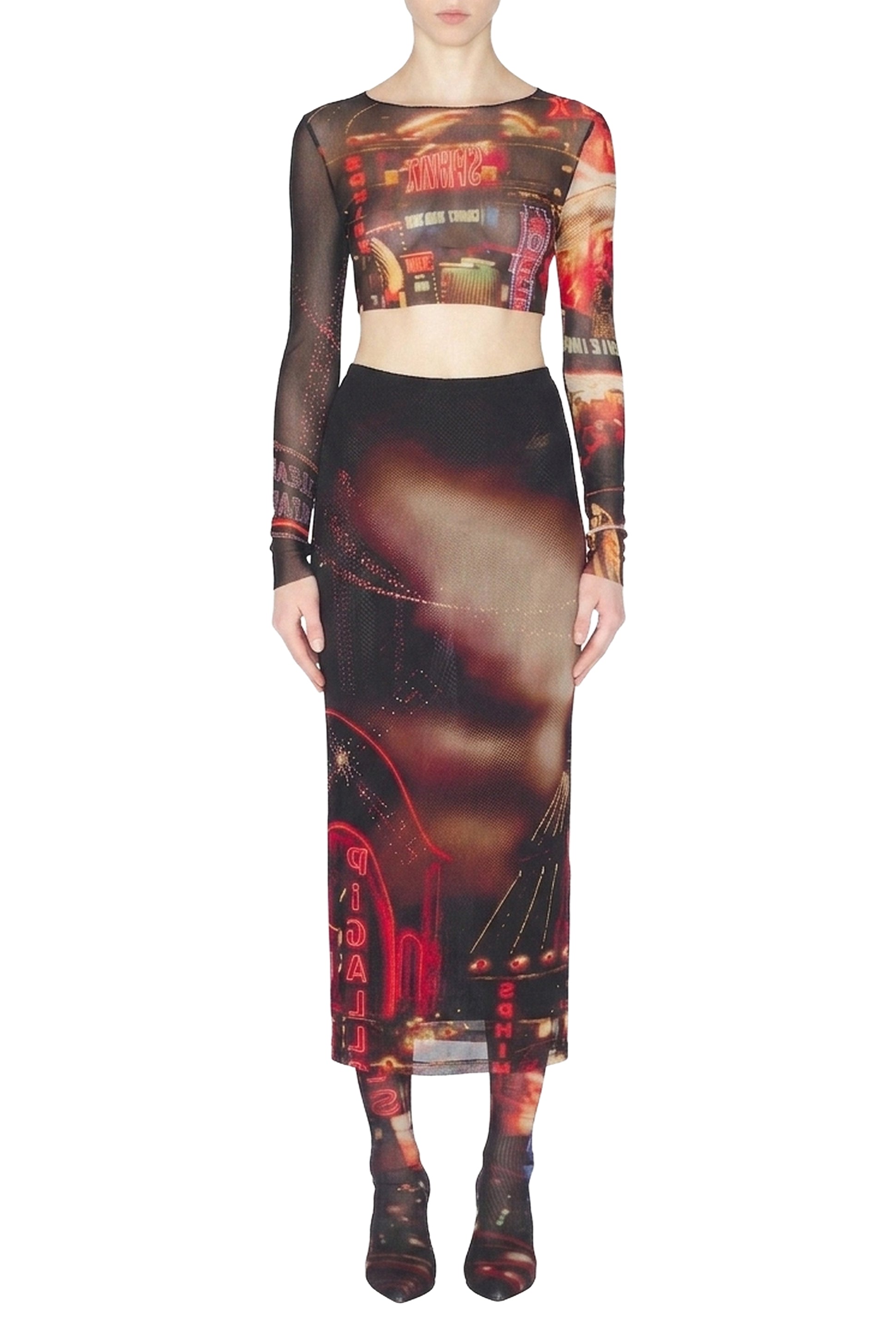 Printed tulle crop top - Black & Red & Orange