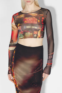 Top court imprimé en tulle - Black & Red & Orange