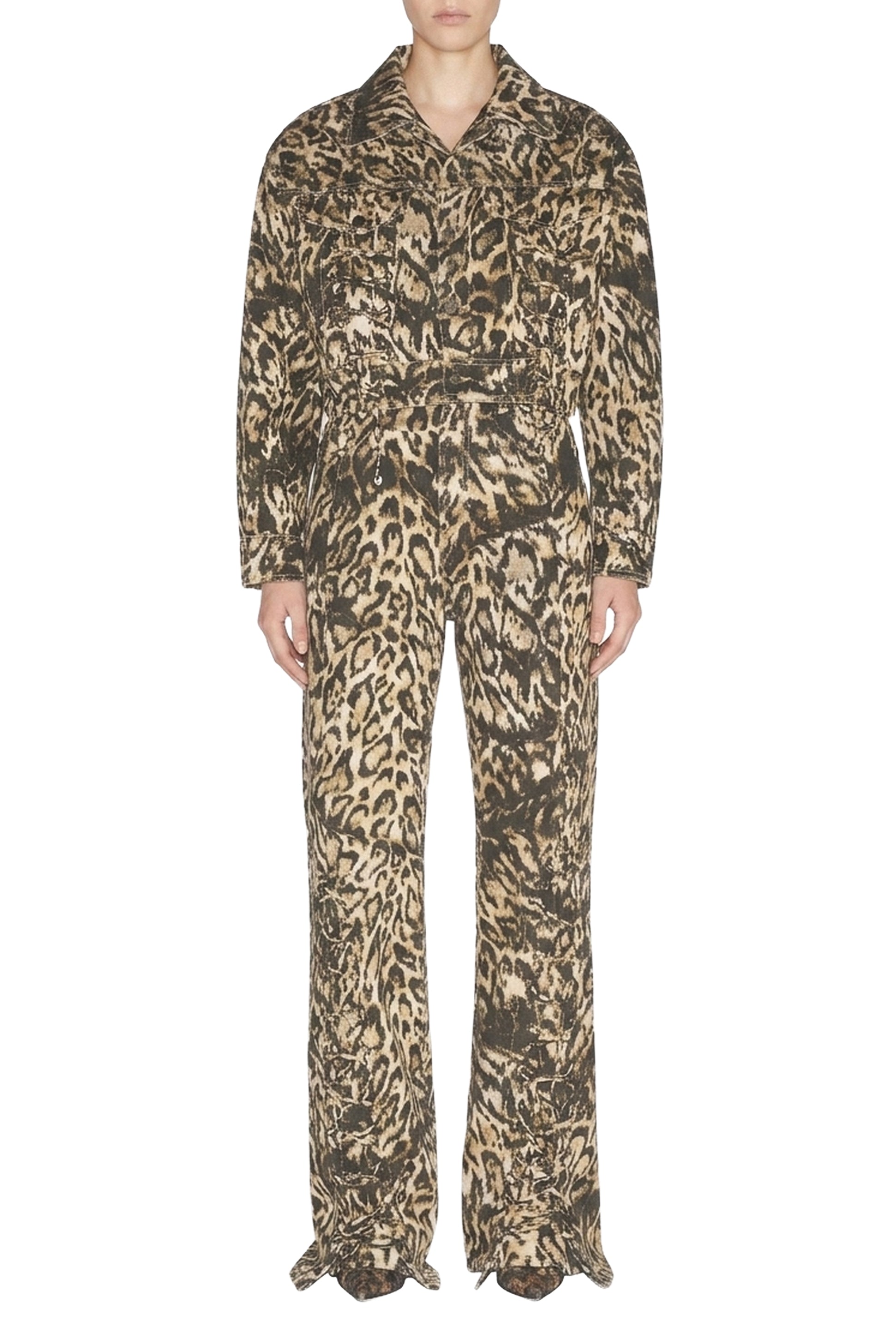 Pantalon à lacets imprimé léopard en denim - Beige & Brown