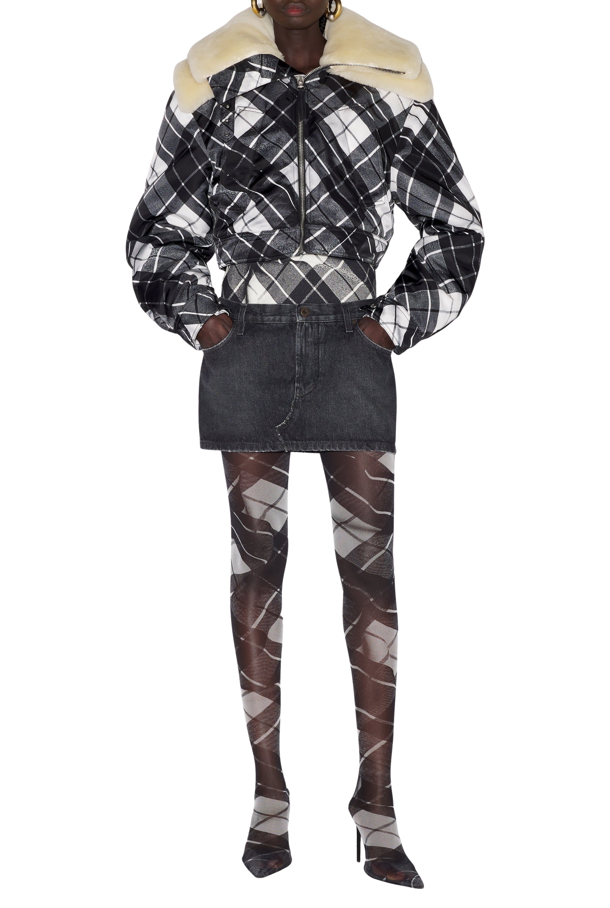Blouson à motif tartan imprimé - Black & Grey & White