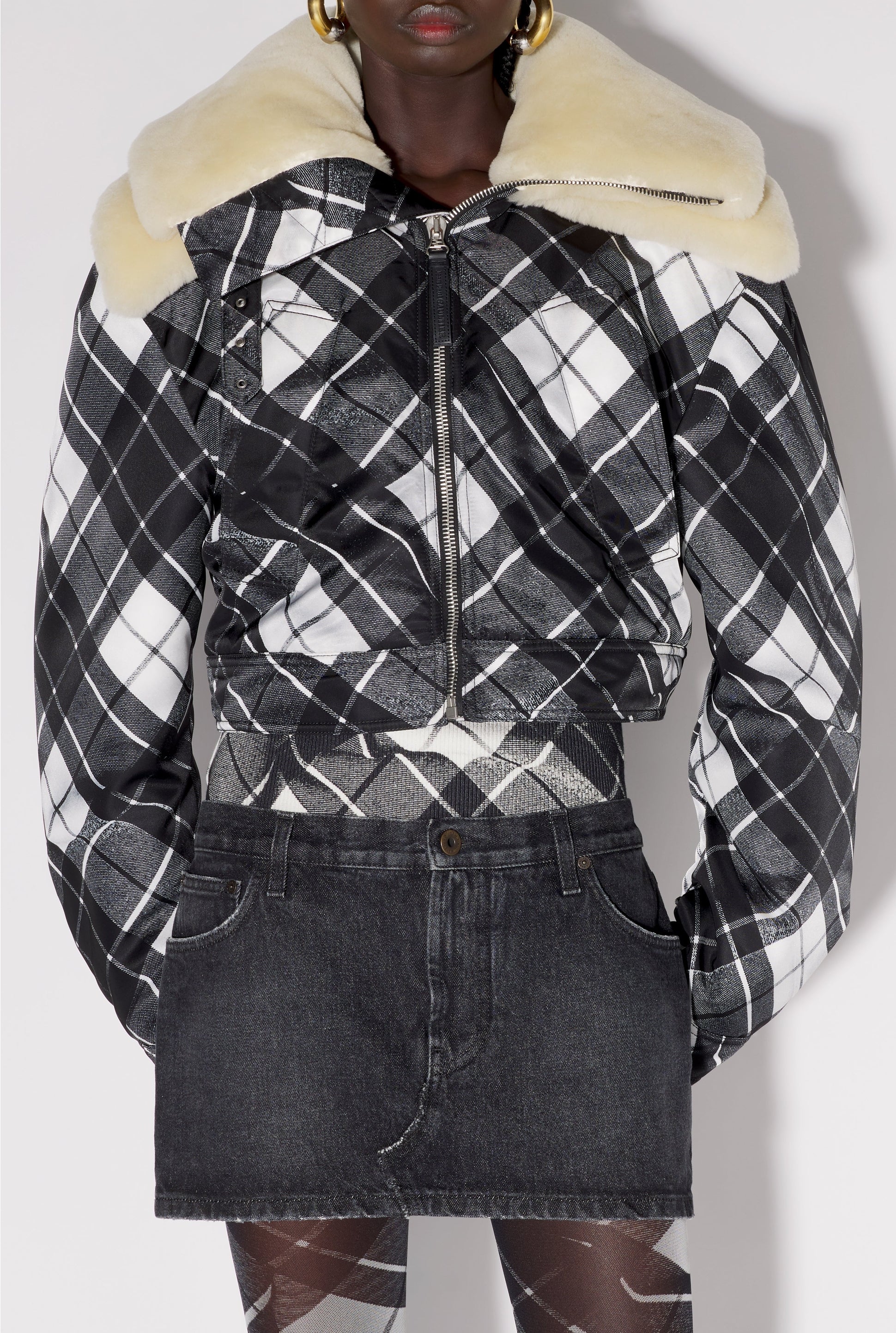Blouson à motif tartan imprimé - Black & Grey & White