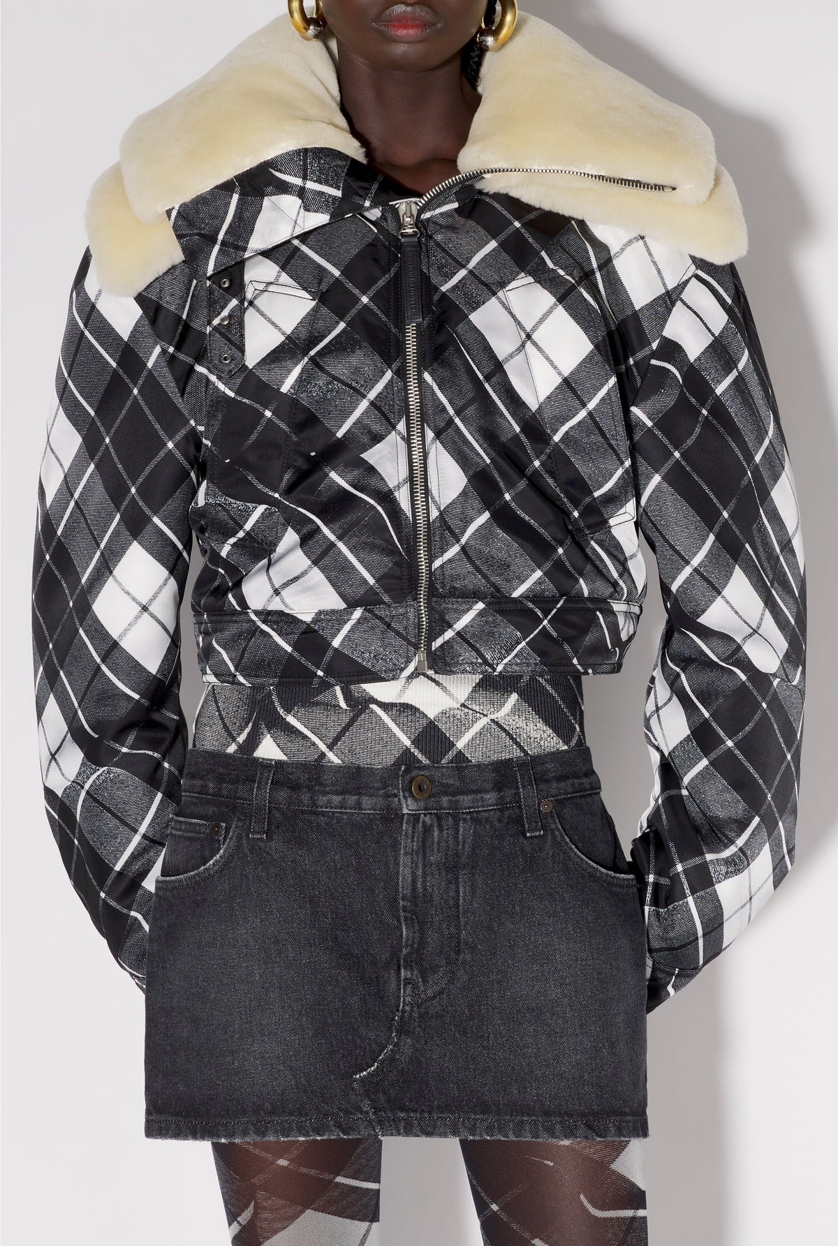 Blouson à motif tartan imprimé - Black & Grey & White