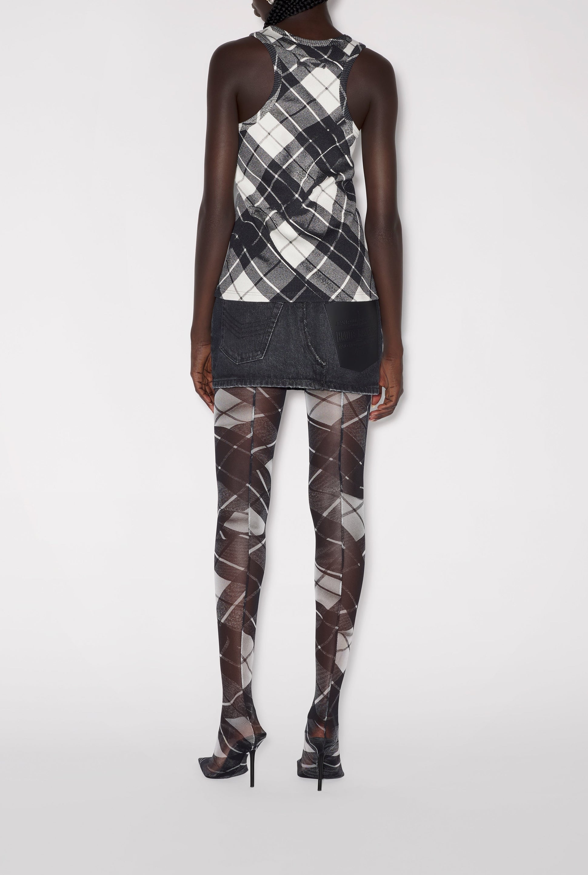 Débardeur à motif tartan et bretelles imprimé - Black & Grey & White