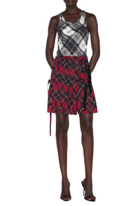 Jupe kilt courte à motif tartan imprimée en tulle - Red & Black & White