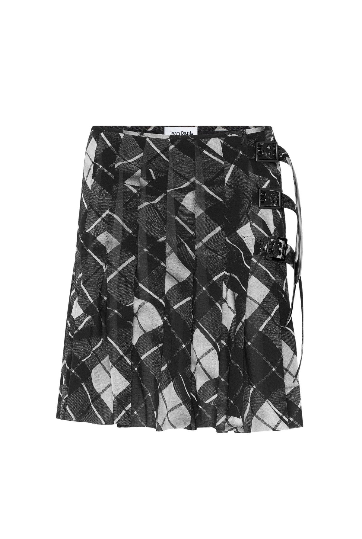 Jupe kilt courte à motif tartan imprimée en tulle - Black & Grey & White