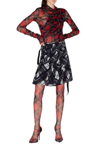 Jupe kilt courte à motif tartan imprimée en tulle - Black & Grey & White
