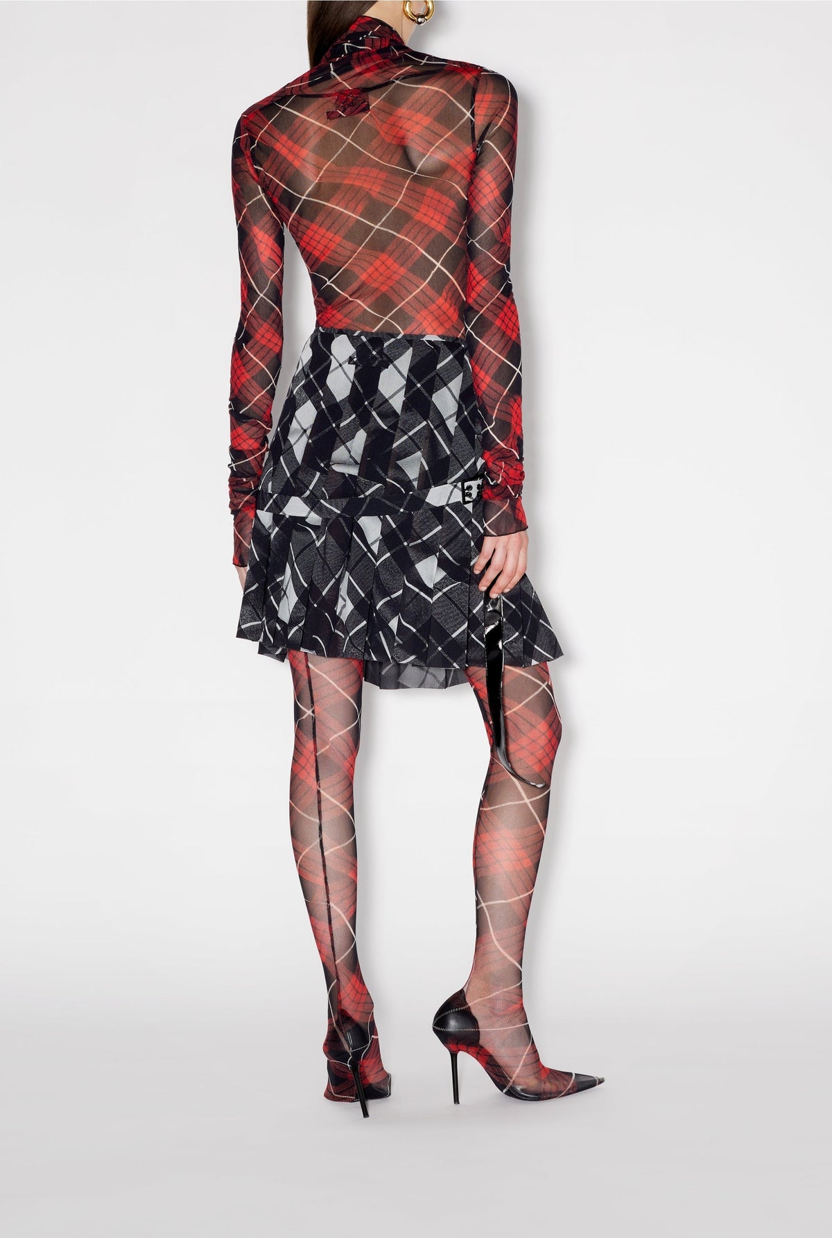 Jupe kilt courte à motif tartan imprimée en tulle - Black & Grey & White