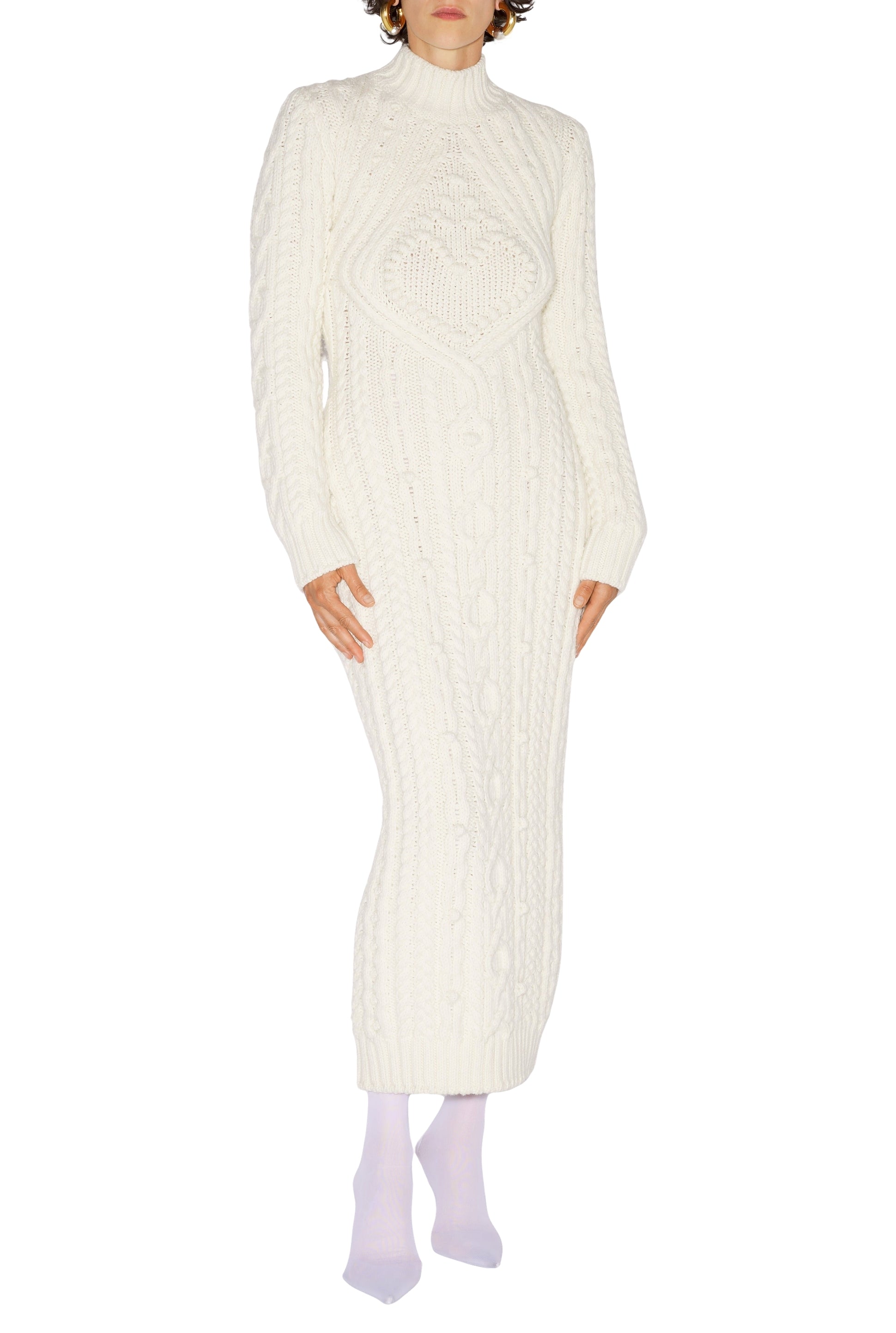 Robe longue brodée en laine - Cream