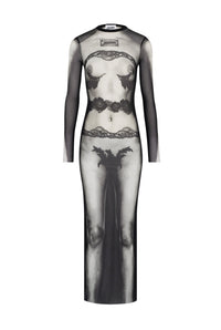 Robe marinière imprimée en tulle - Black & Grey & White