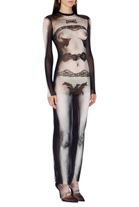 Robe marinière imprimée en tulle - Black & Grey & White