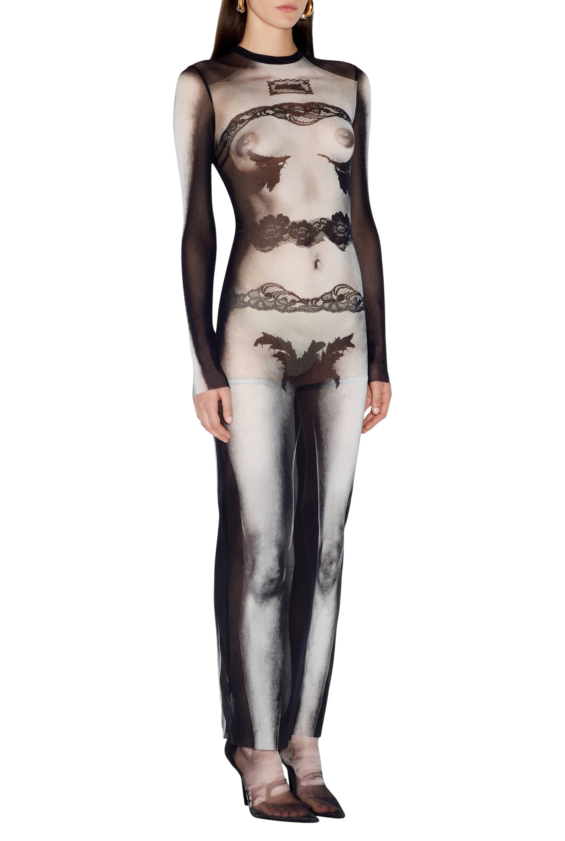Robe marinière imprimée en tulle - Black & Grey & White
