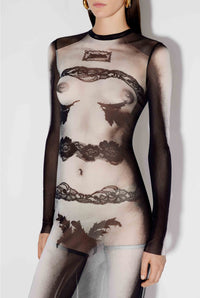 Robe marinière imprimée en tulle - Black & Grey & White