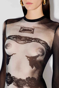 Robe marinière imprimée en tulle - Black & Grey & White