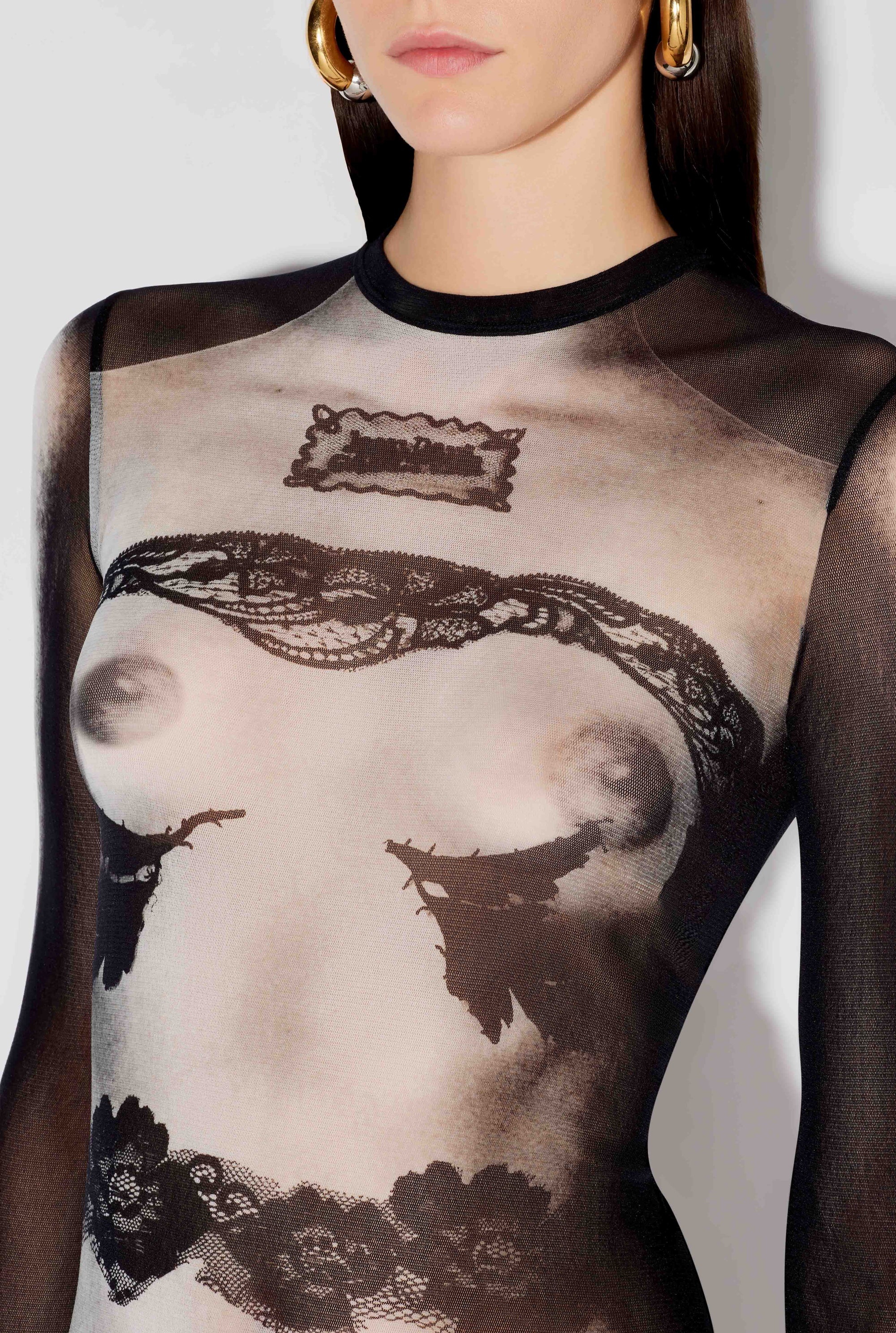 Robe marinière imprimée en tulle - Black & Grey & White