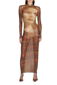 Robe longue à motif tartan imprimée en tulle - Sepia & Yellow
