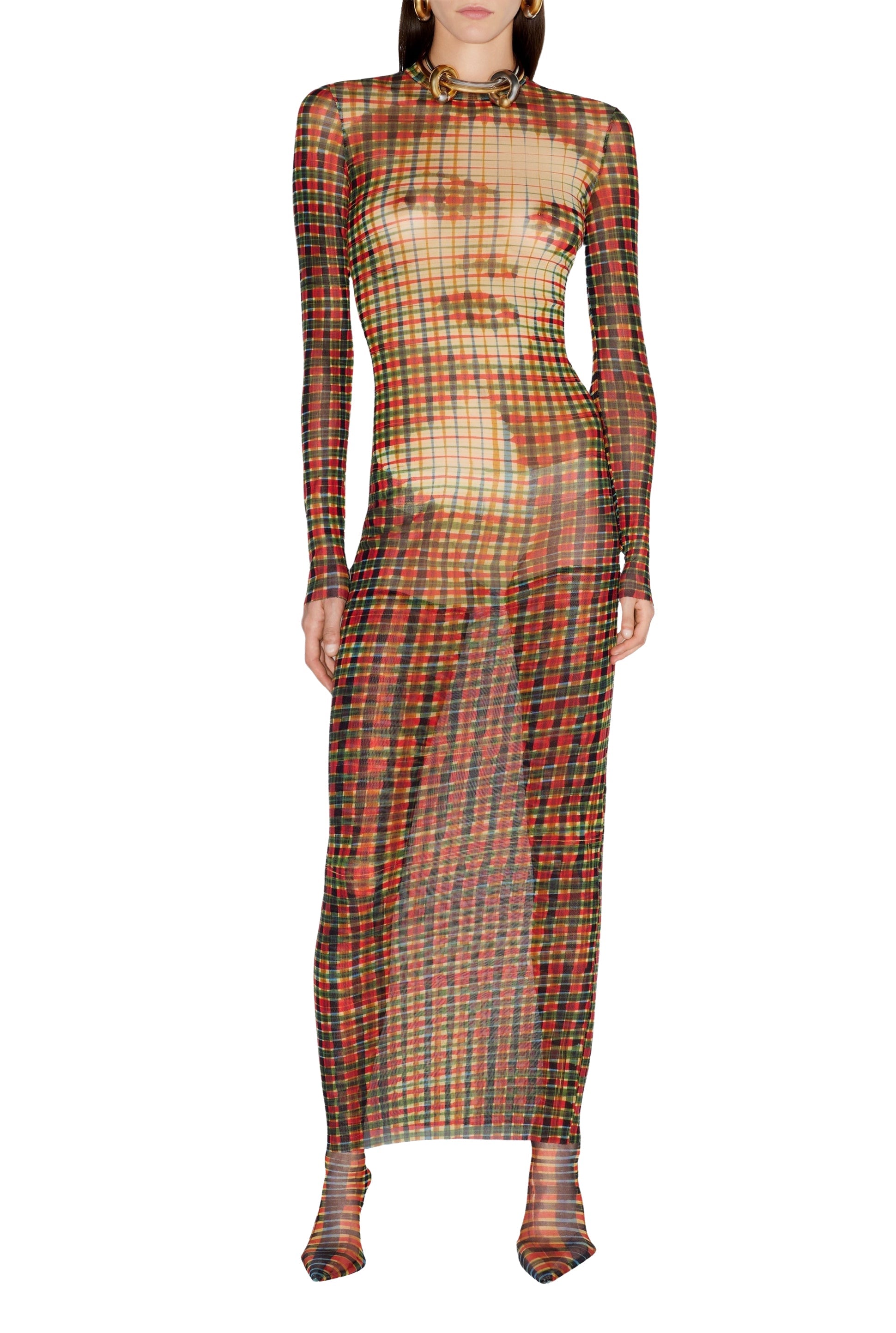 Robe longue à motif tartan imprimée en tulle - Sepia & Yellow