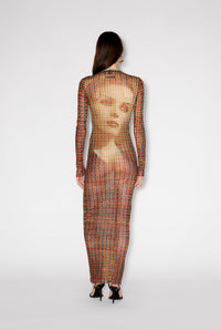 Robe longue à motif tartan imprimée en tulle - Sepia & Yellow