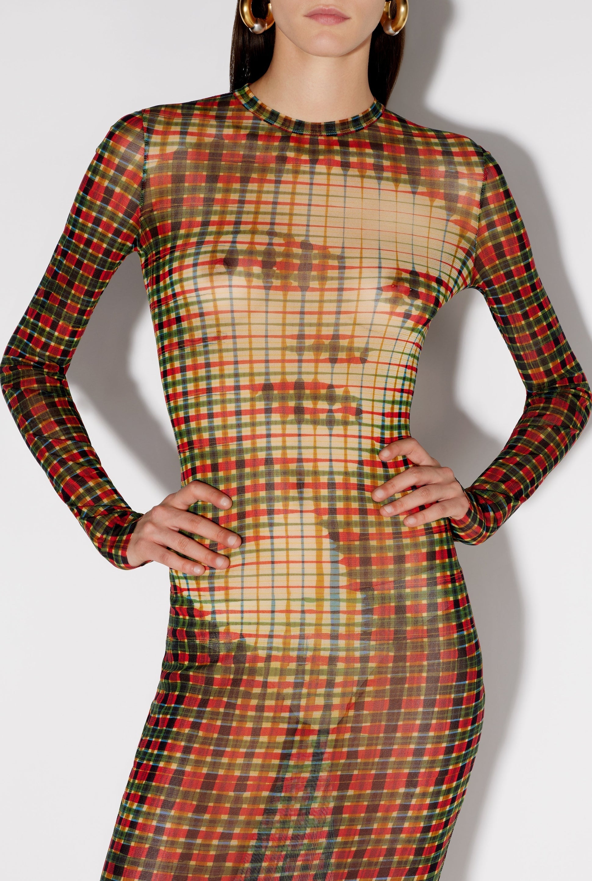 Robe longue à motif tartan imprimée en tulle - Sepia & Yellow