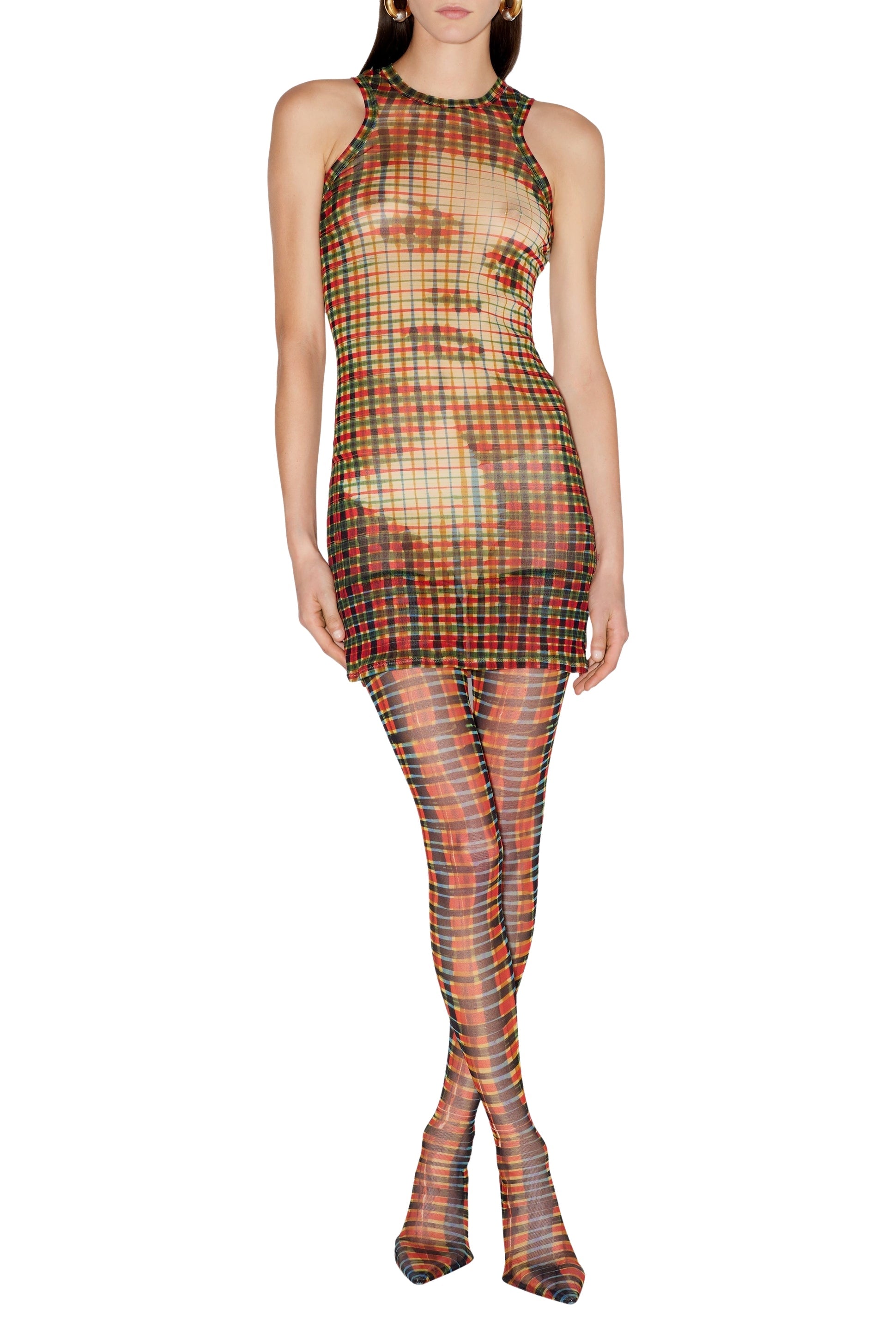 Robe courte à motif tartan imprimée en tulle - Sepia & Yellow