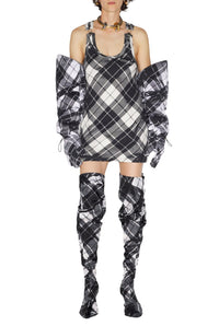 Robe courte à motif tartan et bretelles - Black & Grey & White
