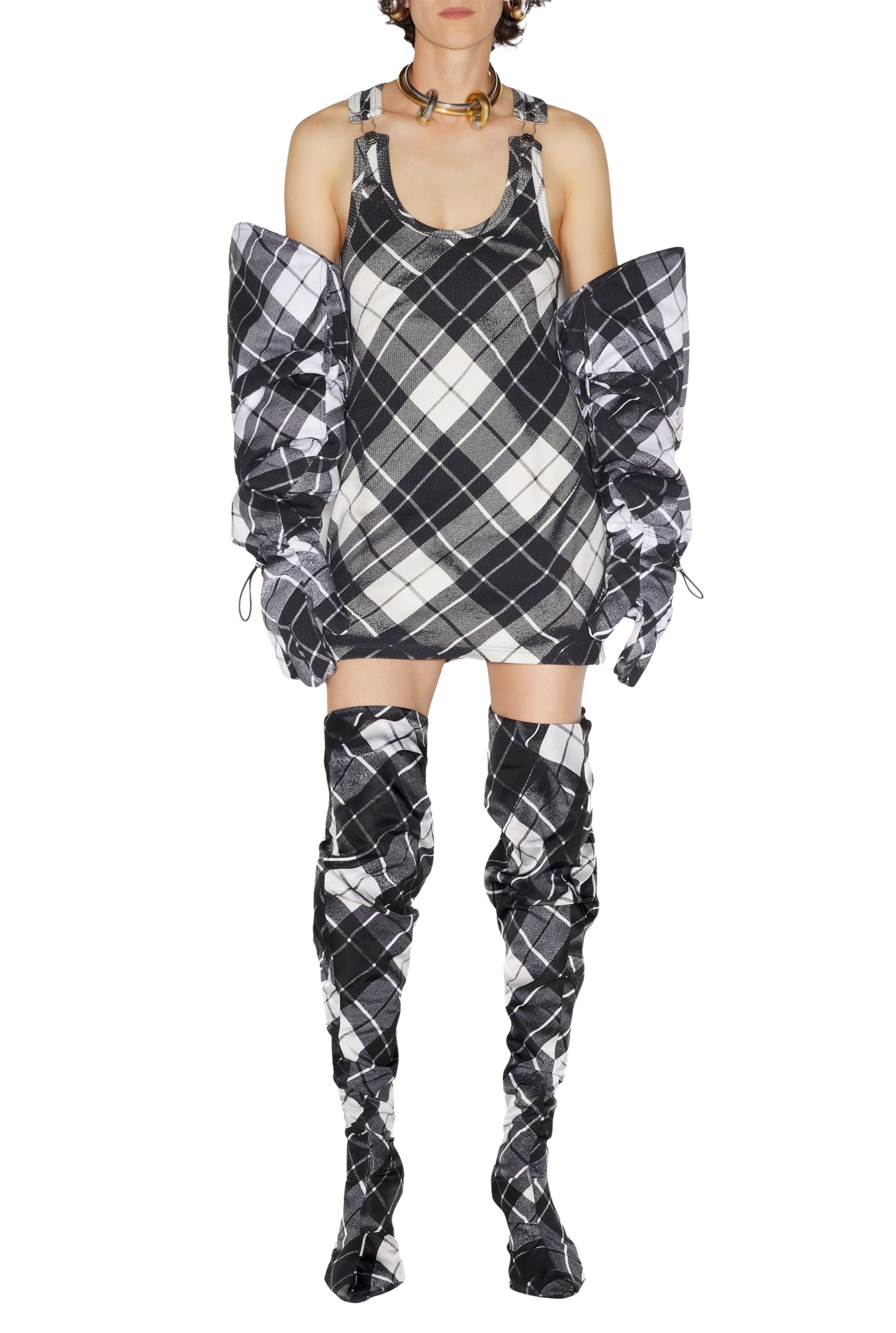 Robe courte à motif tartan et bretelles - Black & Grey & White