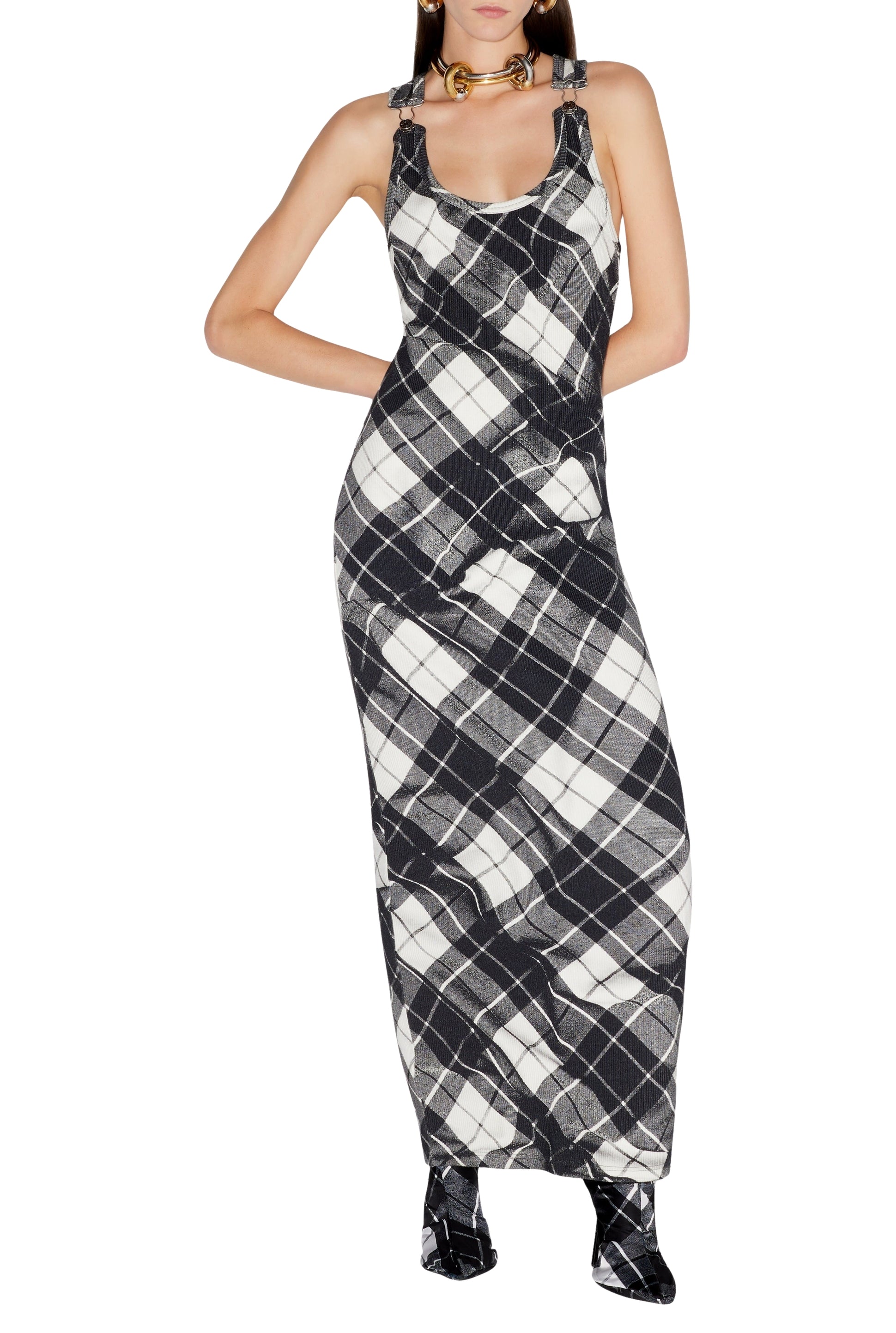 Robe longue à motif tartan et bretelles - Black & Grey & White