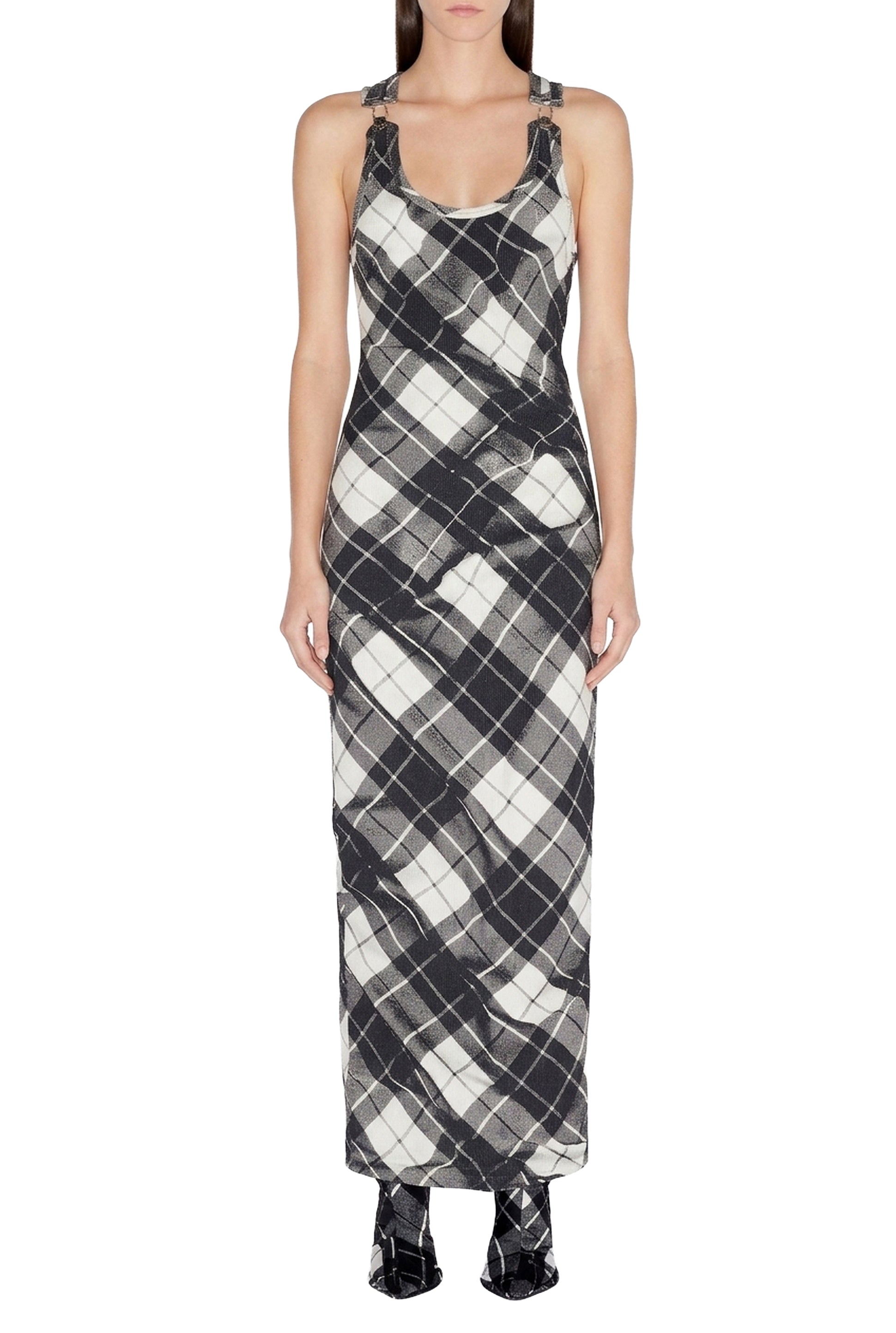 Robe longue à motif tartan et bretelles - Black & Grey & White