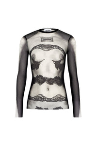 Top marinière imprimé en tulle - Black & Grey & White