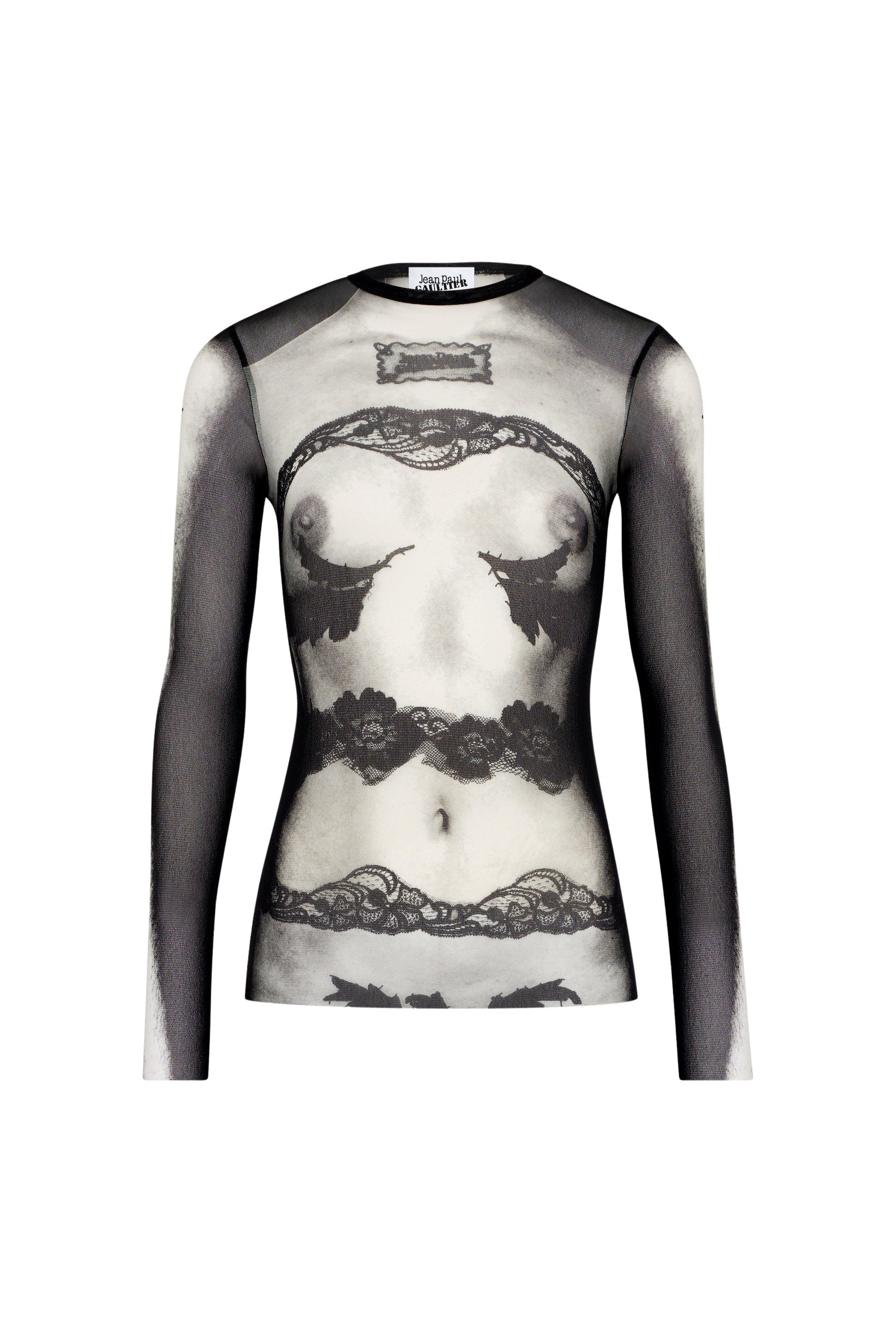 Top marinière imprimé en tulle - Black & Grey & White