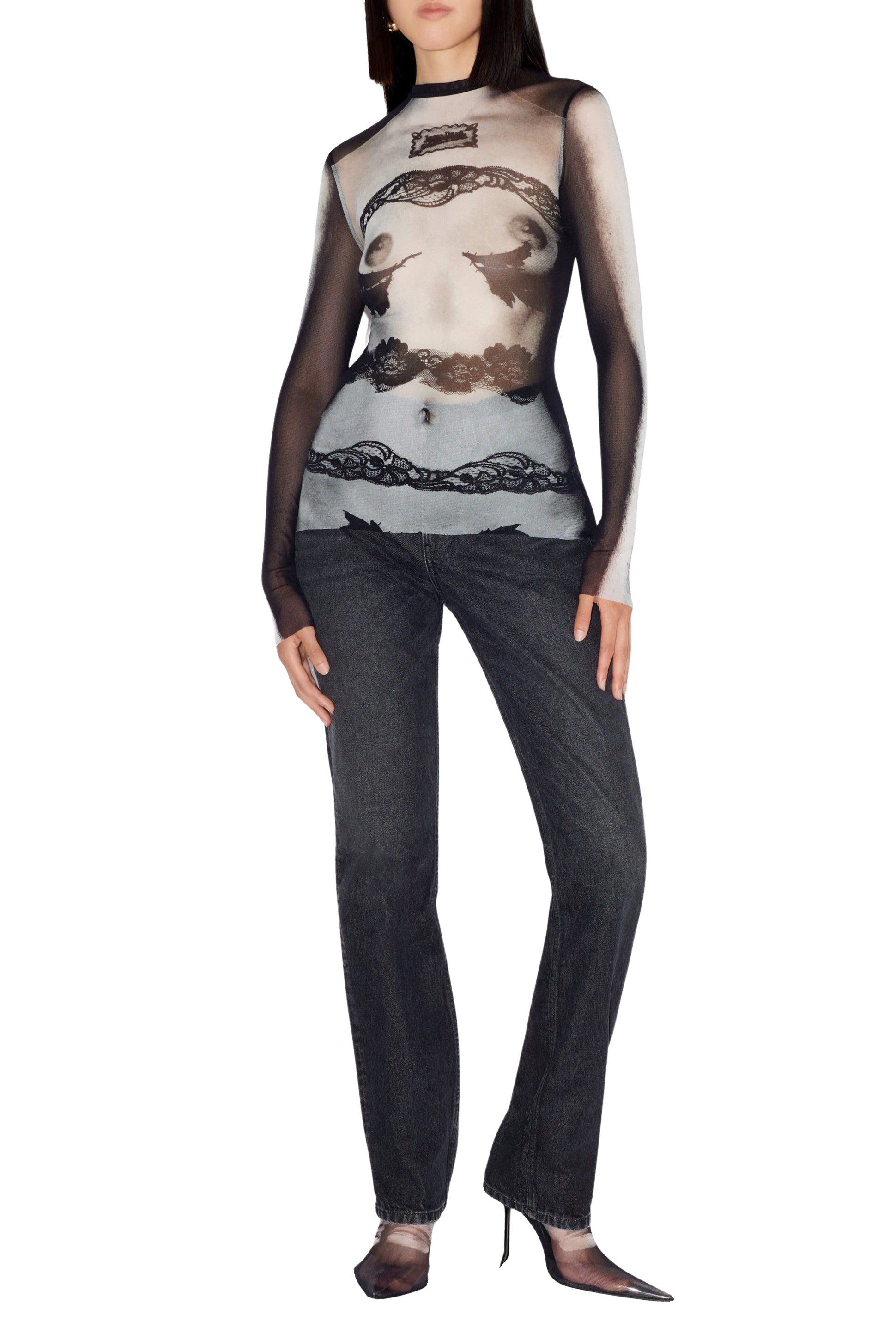 Top marinière imprimé en tulle - Black & Grey & White