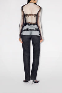 Top marinière imprimé en tulle - Black & Grey & White