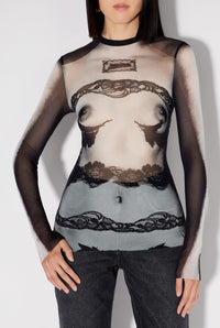 Top marinière imprimé en tulle - Black & Grey & White