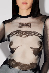 Top marinière imprimé en tulle - Black & Grey & White