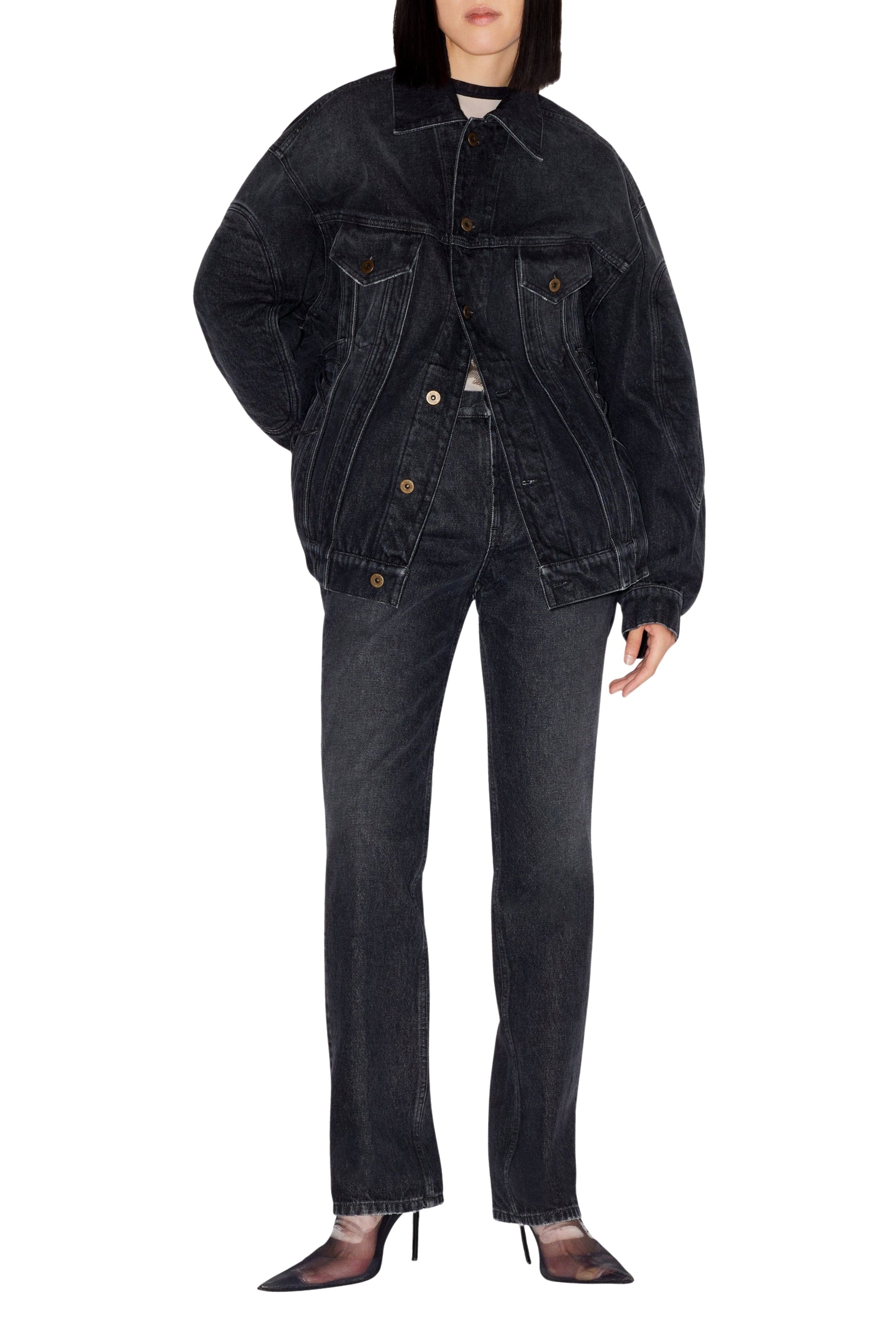 Slim-fit denim lace-up jacket - Vintage Black
