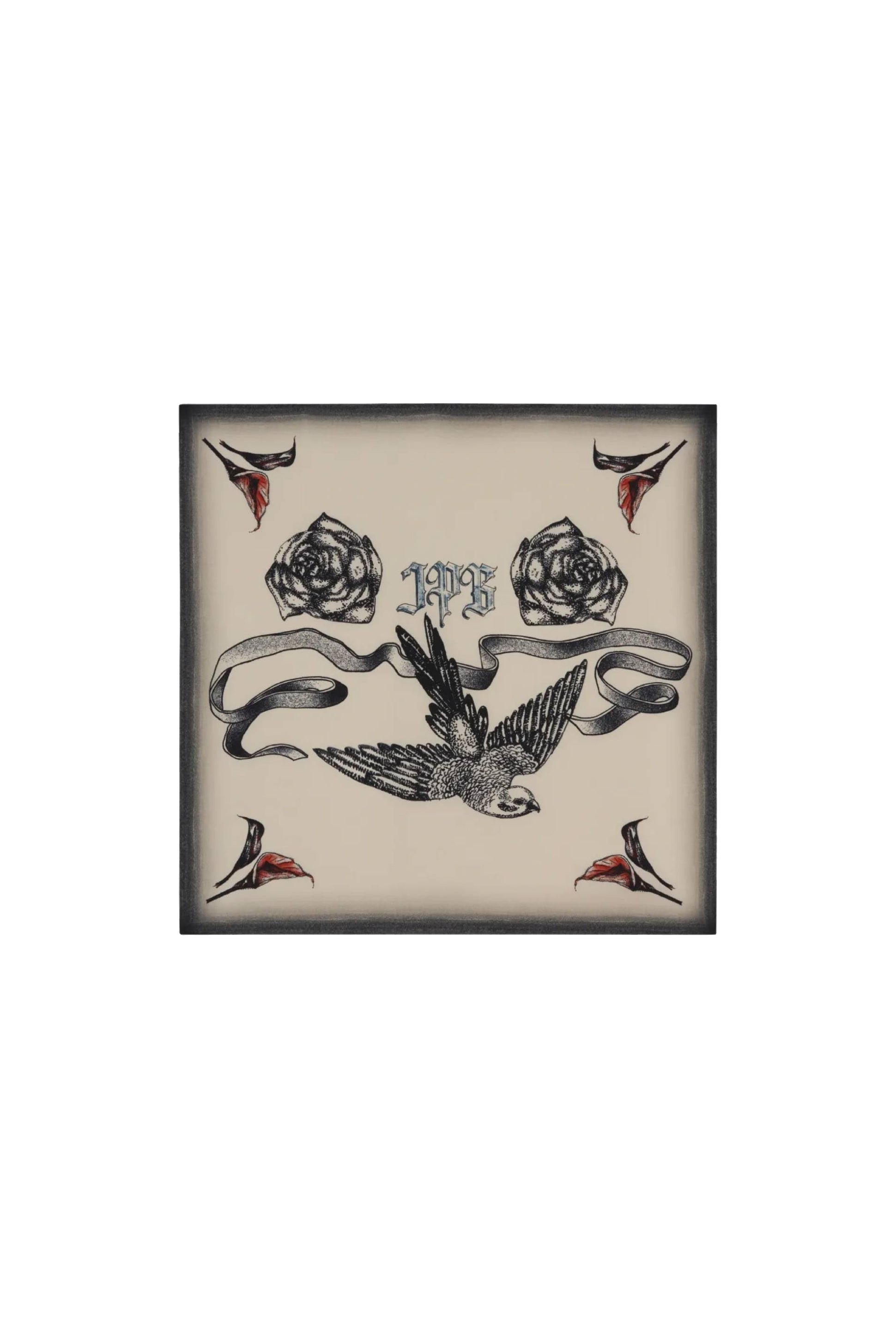 Unisex silk Tattoo Bird print scarf - Ecru & Black & Red