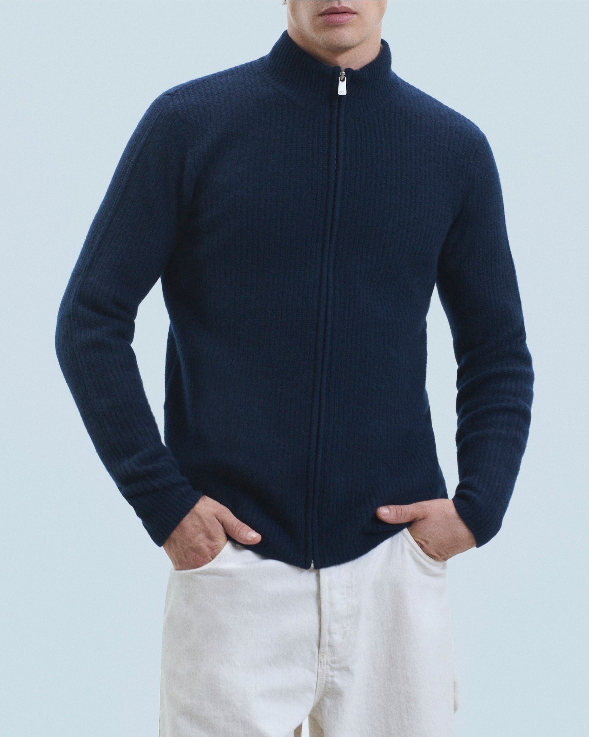 Gilet à côtes zippé en cachemire - Navy