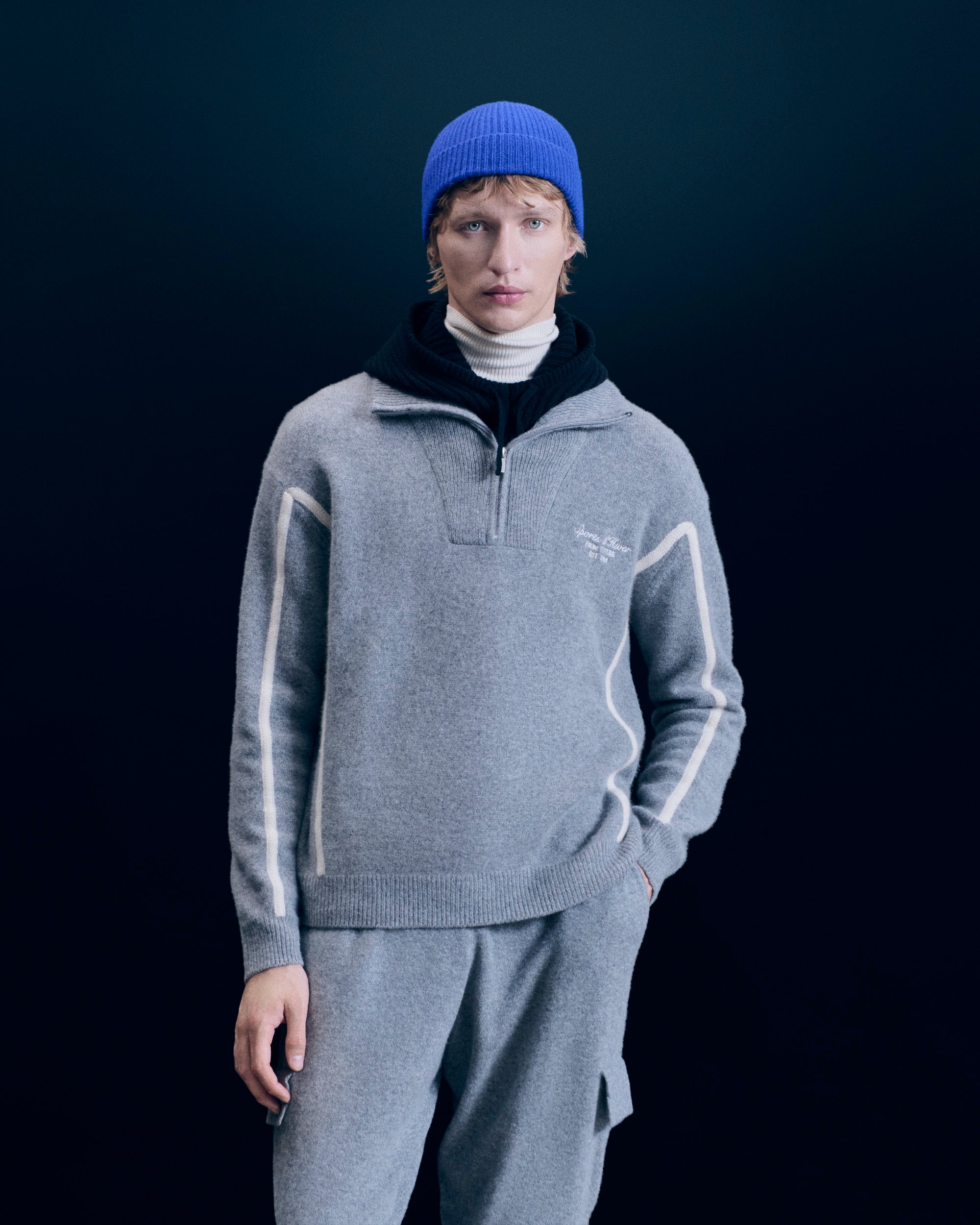 GRIS CHINE FONCE / NEW / QTY : 38 / Pull Col Camionneur Bandes - Gris Chine Fonce