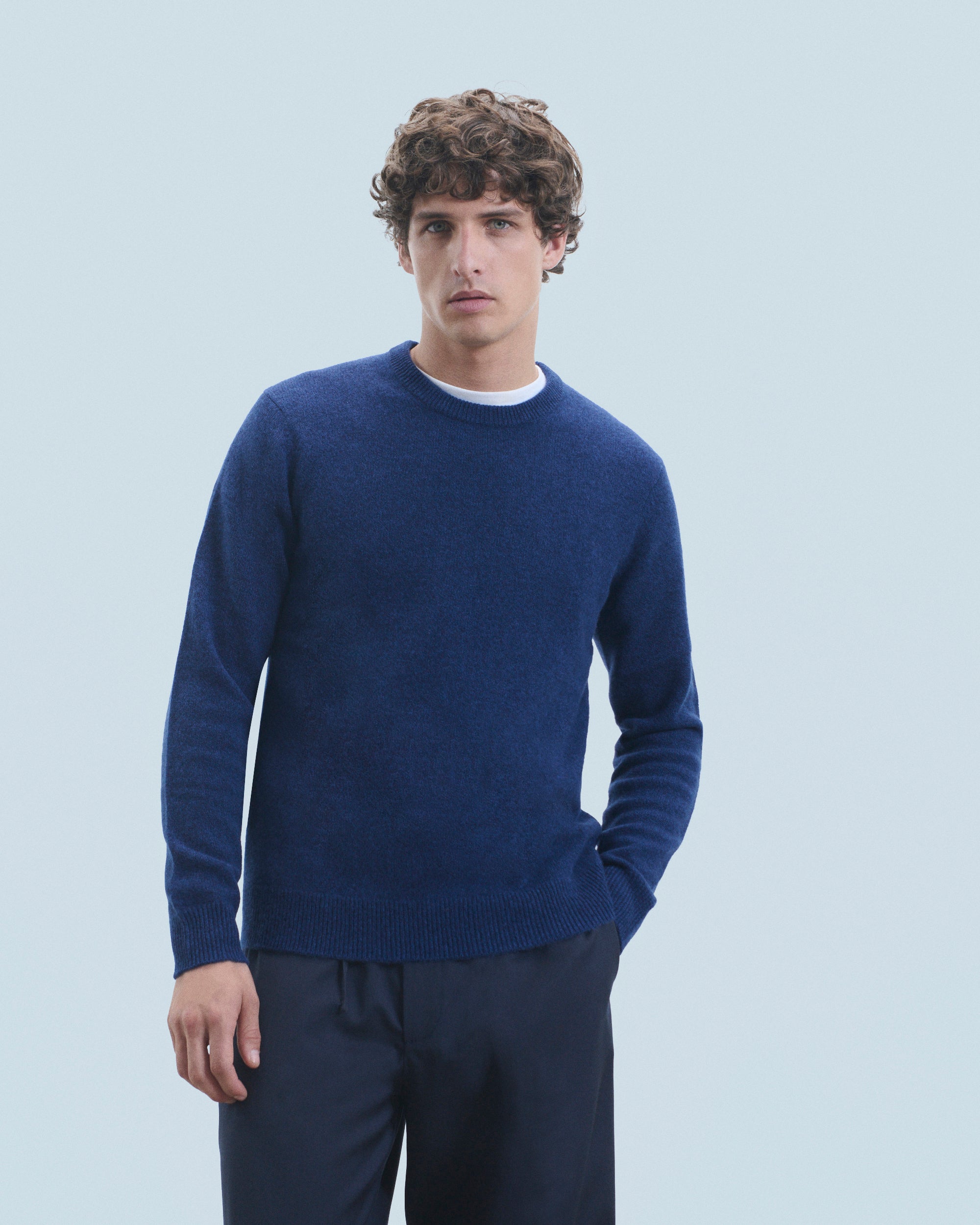 Y. ONLY PORTE / DARK BLUE MOULINE / NEW / QTY : 0 / Pull Col Rond Basique - Dark Blue Mouline