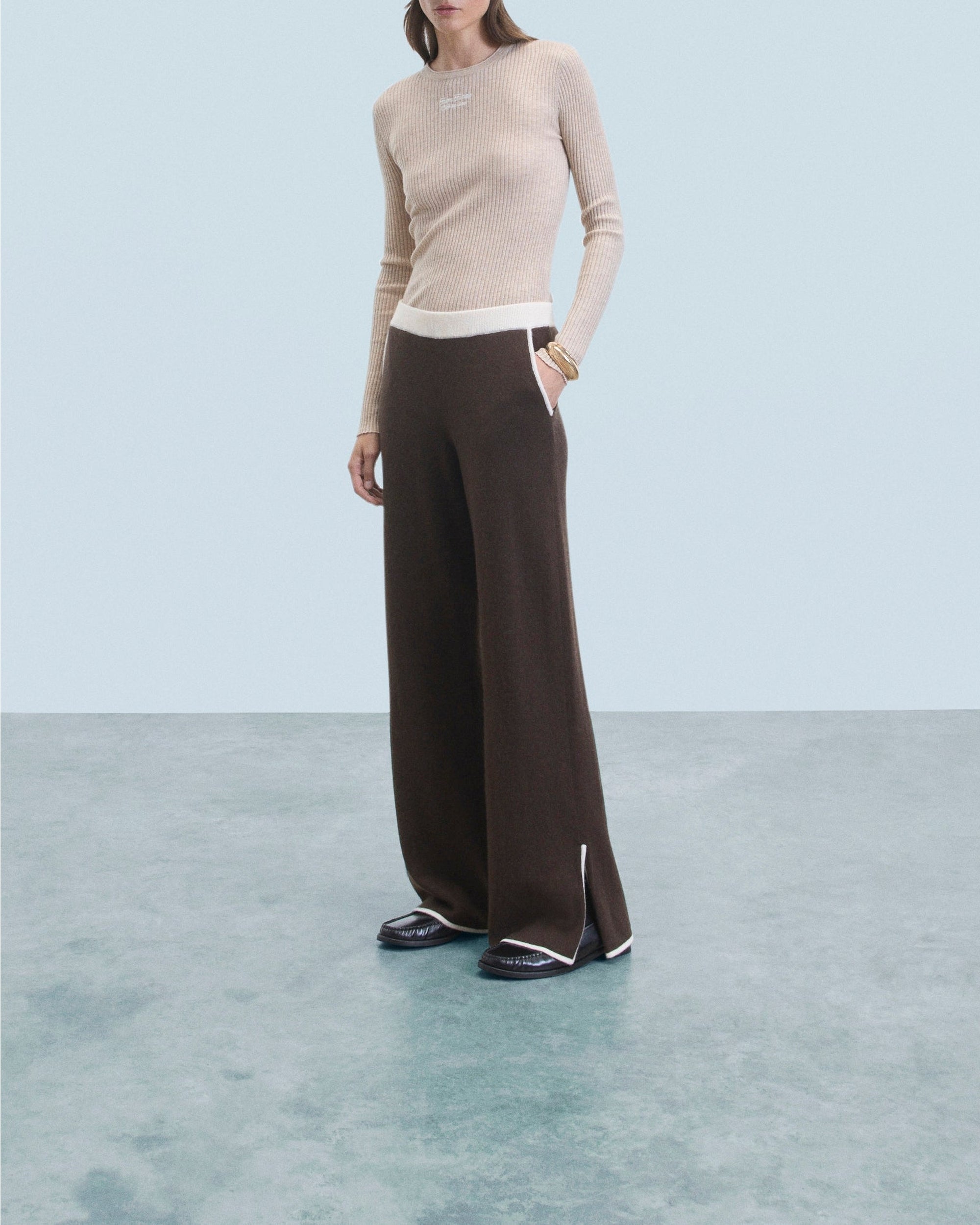 Pantalon de jogging large bicolore en cachemire - Chocolat
