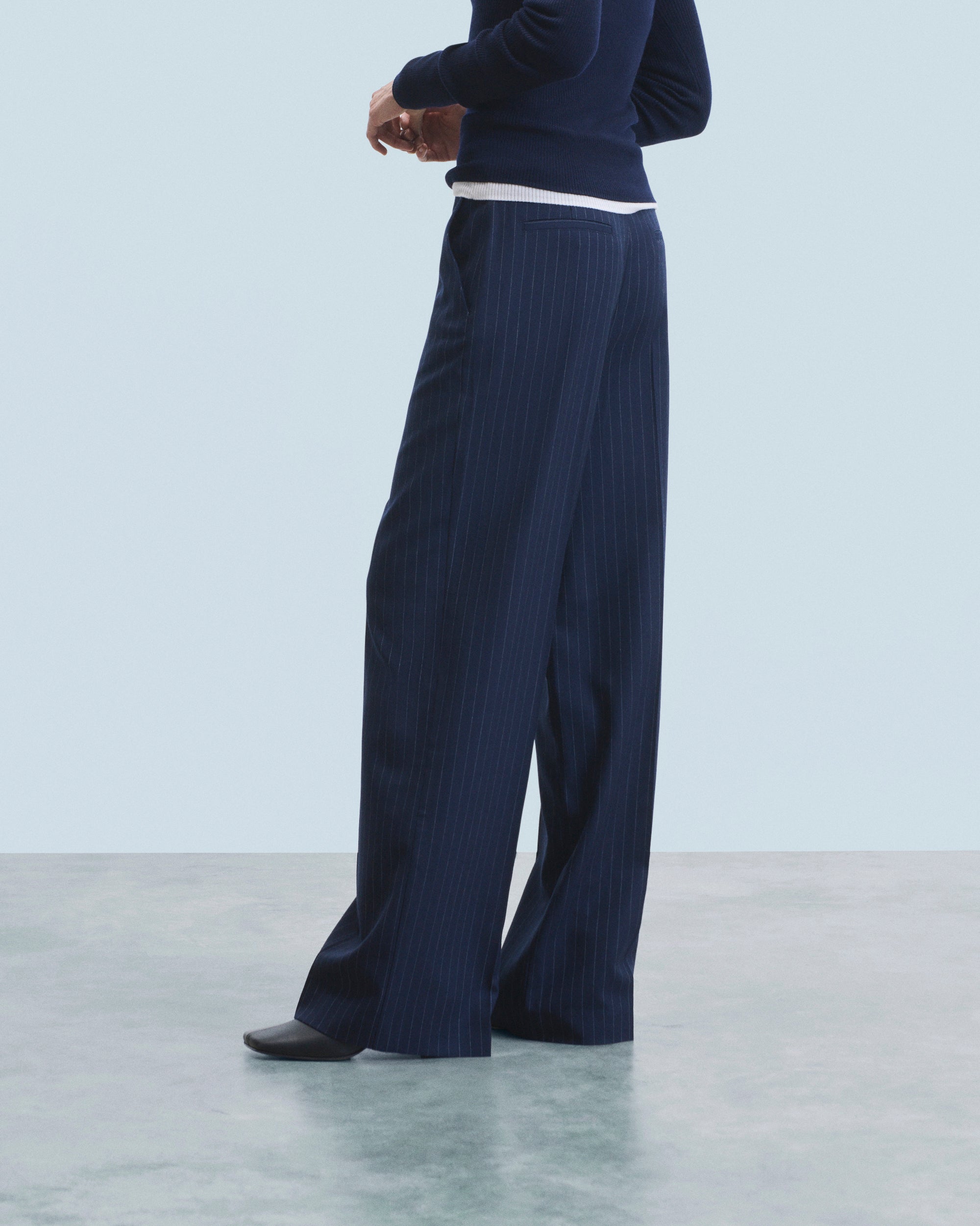 Pantalon large tailoring en laine - Rayures Navy