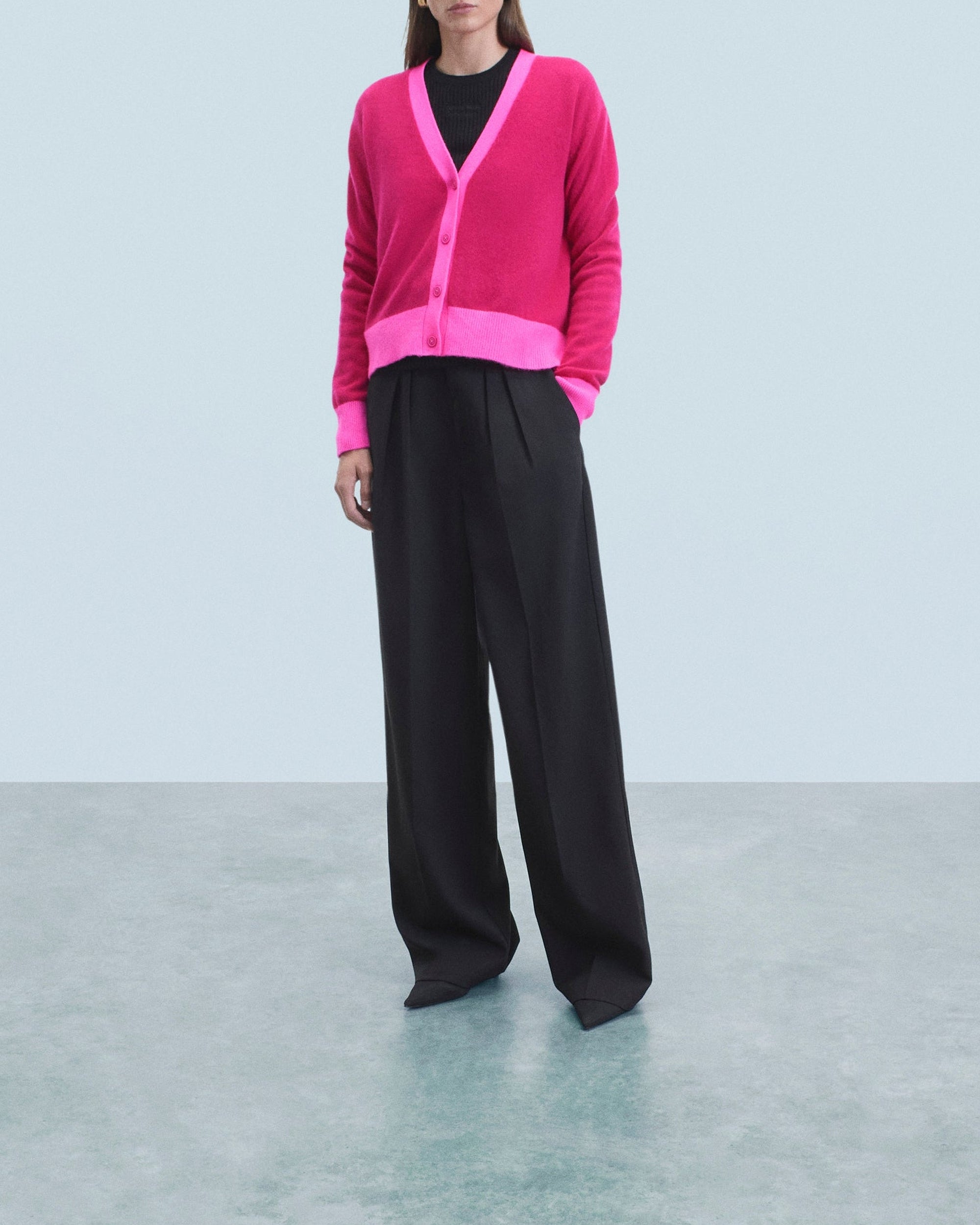 Cardigan bicolore léger en cachemire - Raspberry Pink