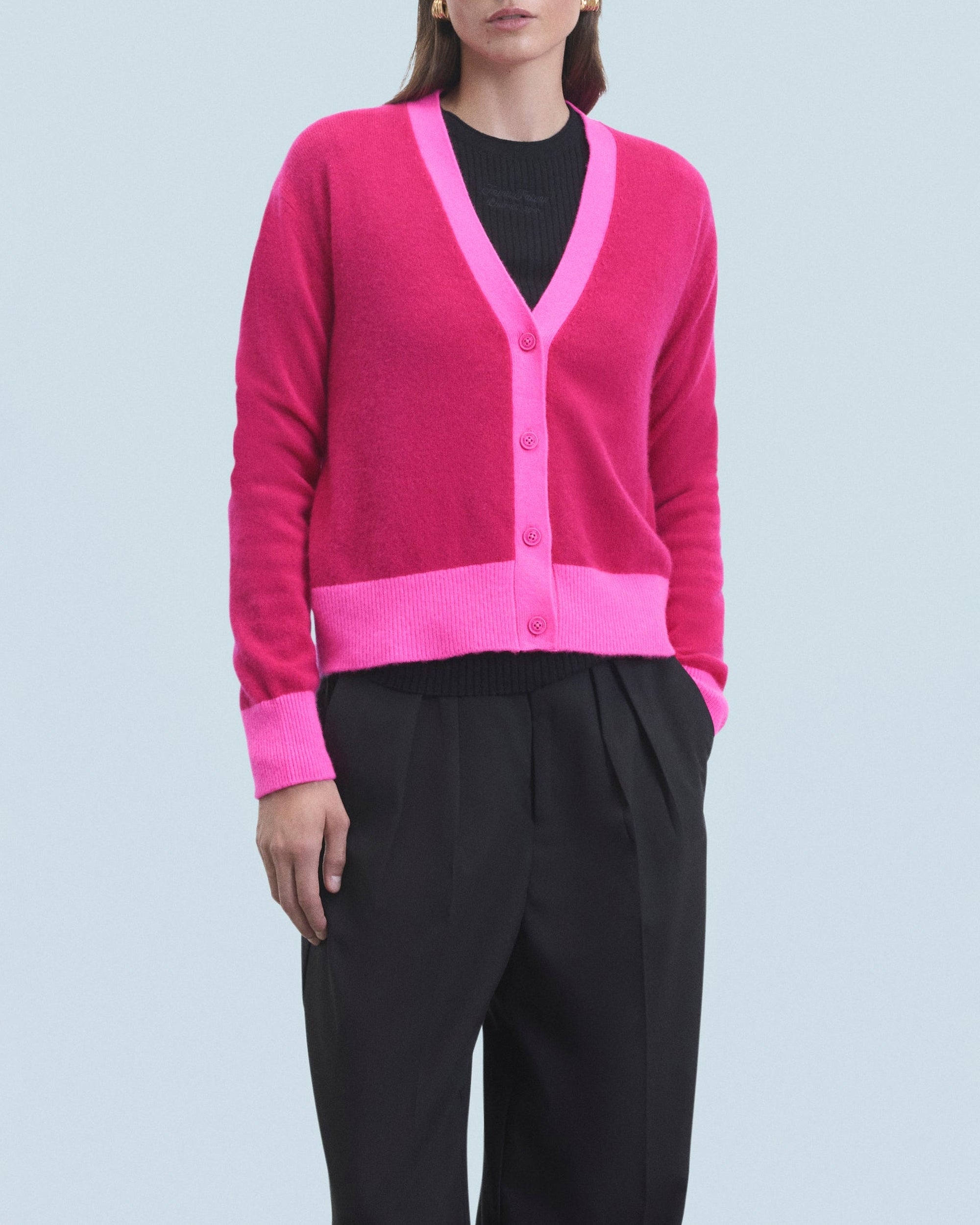 Cardigan bicolore léger en cachemire - Raspberry Pink